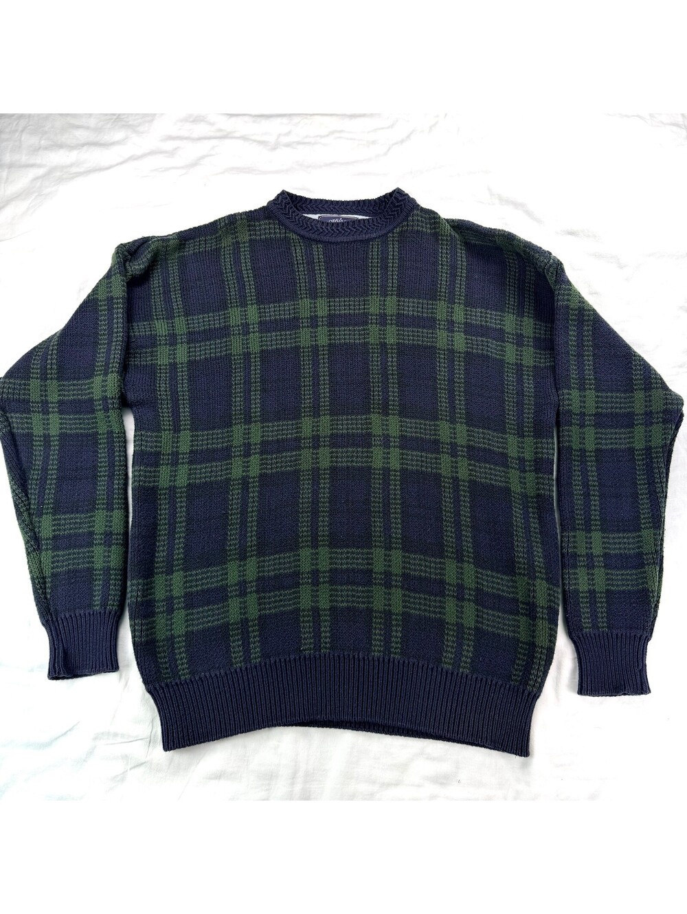Vintage Woods & Gray Mens M Plaid Sweater Navy Green Cotton Knit 90s Grandpa - Picture 2 of 10